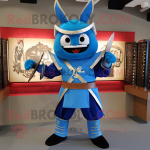 Blue Samurai mascot costume character dressed with a V-Neck Tee and Cummerbunds