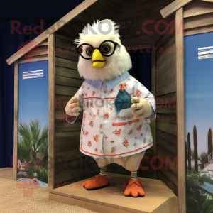 Cream Chicken mascot costume character dressed with a Bermuda Shorts and Eyeglasses