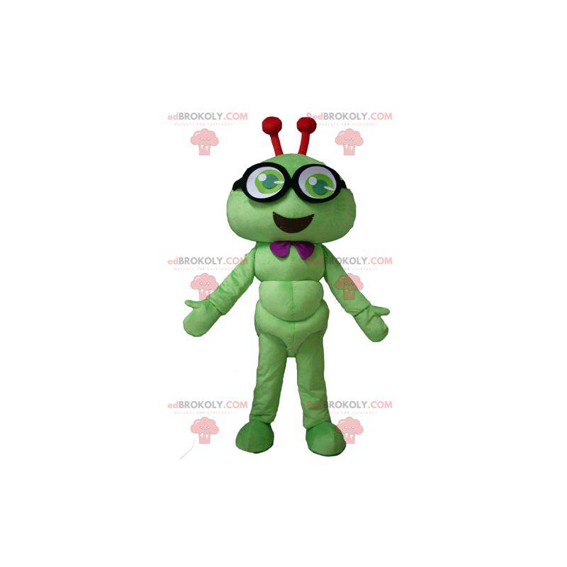 Grünes Raupenmaskottcheninsekt, das mit Brille lächelt -