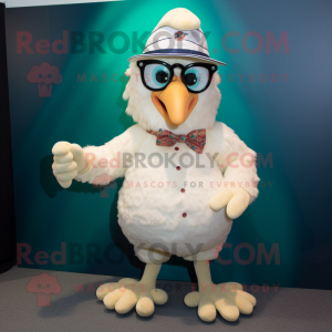 Cream Chicken mascot costume character dressed with a Bermuda Shorts and Eyeglasses