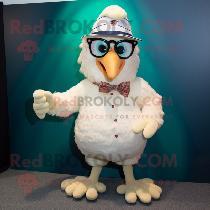Cream Chicken mascot costume character dressed with a Bermuda Shorts and Eyeglasses Cream Chicken mascot costume character dressed with a Bermuda Shorts and Eyeglasses
