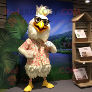Cream Chicken mascot costume character dressed with a Bermuda Shorts and Eyeglasses