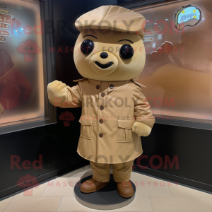 Tan Dim Sum mascot costume character dressed with a Leather Jacket and Berets