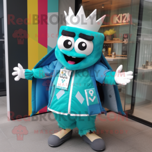 Teal King mascot costume character dressed with a Windbreaker and Messenger bags