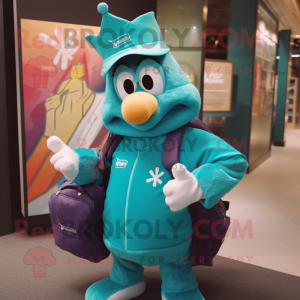 Teal King mascot costume character dressed with a Windbreaker and Messenger bags