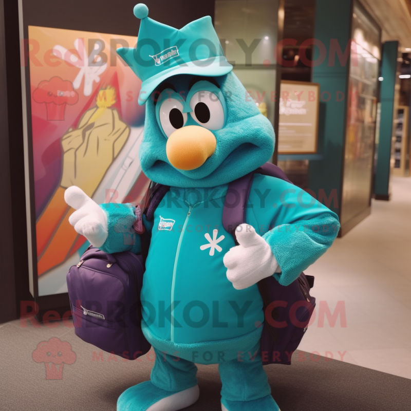 Teal King mascot costume character dressed with a Windbreaker and Messenger bags Teal King mascot costume character dressed with a Windbreaker and Messenger bags