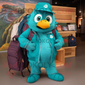 Teal King mascot costume character dressed with a Windbreaker and Messenger bags