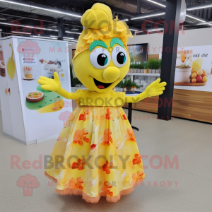 Lemon Yellow Paella mascot costume character dressed with a Midi Dress and Headbands