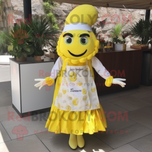 Lemon Yellow Paella mascot costume character dressed with a Midi Dress and Headbands