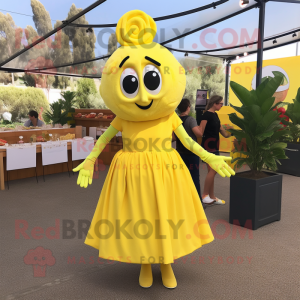 Lemon Yellow Paella mascot costume character dressed with a Midi Dress and Headbands