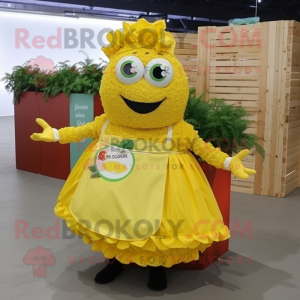 Lemon Yellow Paella mascot costume character dressed with a Midi Dress and Headbands