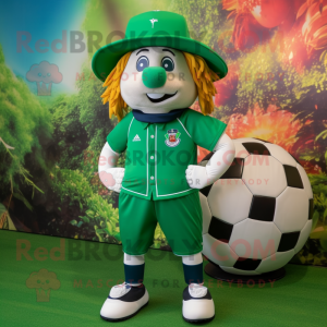 Forest Green Soccer Ball mascot costume character dressed with a Bermuda Shorts and Hat pins