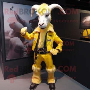 Lemon Yellow Goat mascot costume character dressed with a Leather Jacket and Suspenders