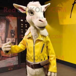 Lemon Yellow Goat mascot costume character dressed with a Leather Jacket and Suspenders