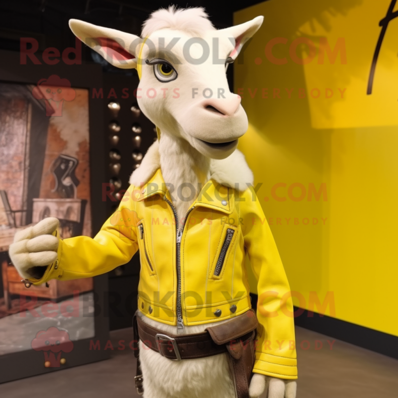 Lemon Yellow Goat mascot costume character dressed with a Leather Jacket and Suspenders Lemon Yellow Goat mascot costume character dressed with a Leather Jacket and Suspenders