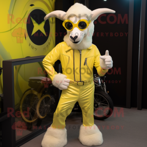 Lemon Yellow Goat mascot costume character dressed with a Leather Jacket and Suspenders