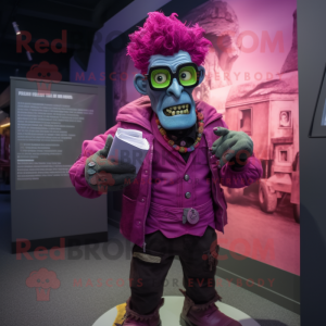 Magenta Frankenstein'S Monster mascot costume character dressed with a Bomber Jacket and Reading glasses