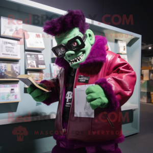 Magenta Frankenstein'S Monster mascot costume character dressed with a Bomber Jacket and Reading glasses