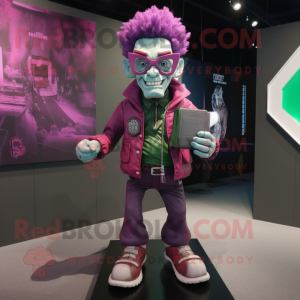 Magenta Frankenstein'S Monster mascot costume character dressed with a Bomber Jacket and Reading glasses