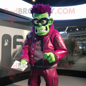 Magenta Frankenstein'S Monster mascot costume character dressed with a Bomber Jacket and Reading glasses