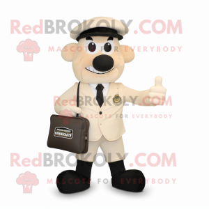 Cream Commando mascot costume character dressed with a Suit Jacket and Clutch bags