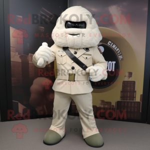 Cream Commando mascot costume character dressed with a Suit Jacket and Clutch bags