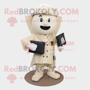 Cream Commando mascot costume character dressed with a Suit Jacket and Clutch bags