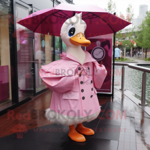 Pink Swan mascot costume character dressed with a Raincoat and Lapel pins