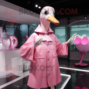 Pink Swan mascot costume character dressed with a Raincoat and Lapel pins