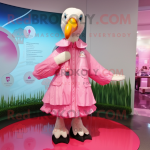 Pink Swan mascot costume character dressed with a Raincoat and Lapel pins