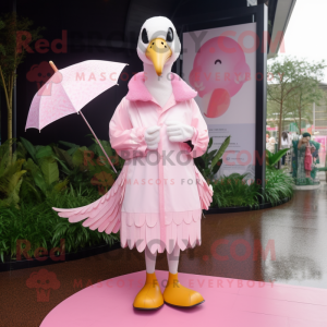 Pink Swan mascot costume character dressed with a Raincoat and Lapel pins