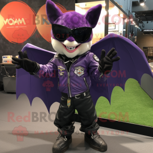 Purple Bat mascot costume character dressed with a Moto Jacket and Sunglasses