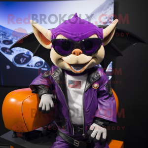 Purple Bat mascot costume character dressed with a Moto Jacket and Sunglasses