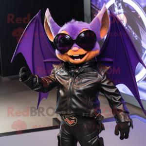 Purple Bat mascot costume character dressed with a Moto Jacket and Sunglasses