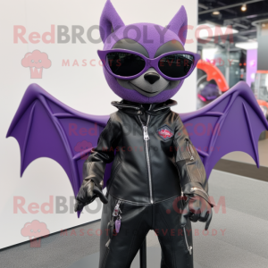 Purple Bat mascot costume character dressed with a Moto Jacket and Sunglasses