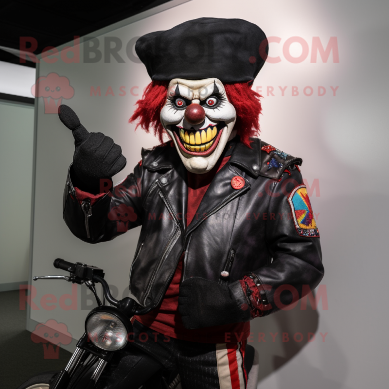 nan Evil Clown mascot costume character dressed with a Biker Jacket and Beanies nan Evil Clown mascot costume character dressed with a Biker Jacket and Beanies
