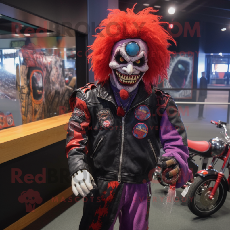 nan Evil Clown mascot costume character dressed with a Biker Jacket and Beanies nan Evil Clown mascot costume character dressed with a Biker Jacket and Beanies