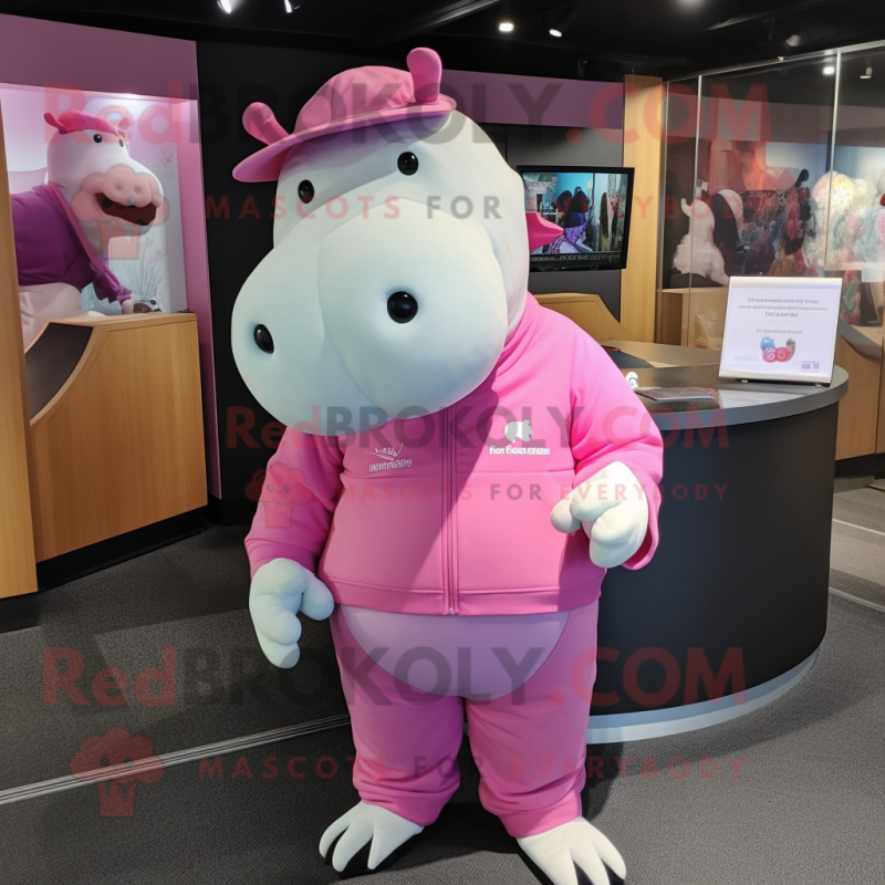 Pink Hippopotamus mascot costume character dressed with a Leggings and Hat pins