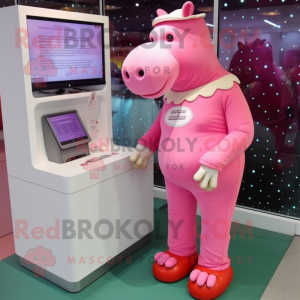 Pink Hippopotamus mascot costume character dressed with a Leggings and Hat pins