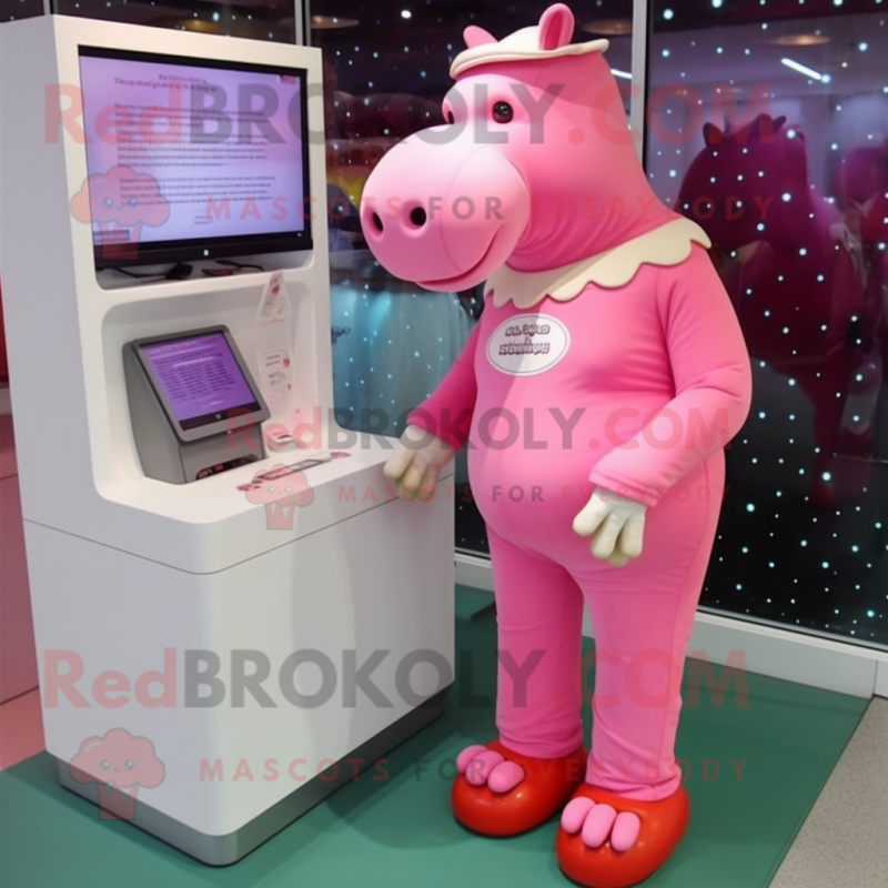 Pink Hippopotamus mascot costume character dressed with a Leggings and Hat pins Pink Hippopotamus mascot costume character dressed with a Leggings and Hat pins