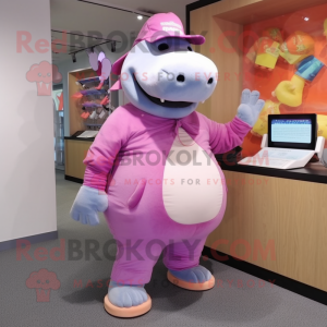 Pink Hippopotamus mascot costume character dressed with a Leggings and Hat pins