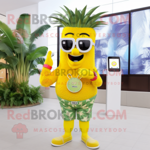 Yellow Pineapple mascot costume character dressed with a V-Neck Tee and Digital watches