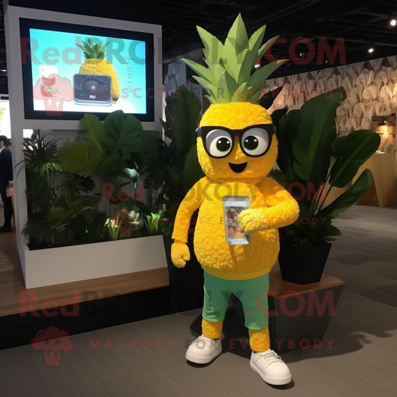 Yellow Pineapple mascot costume character dressed with a V-Neck Tee and Digital watches