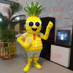Yellow Pineapple mascot costume character dressed with a V-Neck Tee and Digital watches