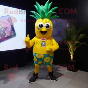 Yellow Pineapple mascot costume character dressed with a V-Neck Tee and Digital watches