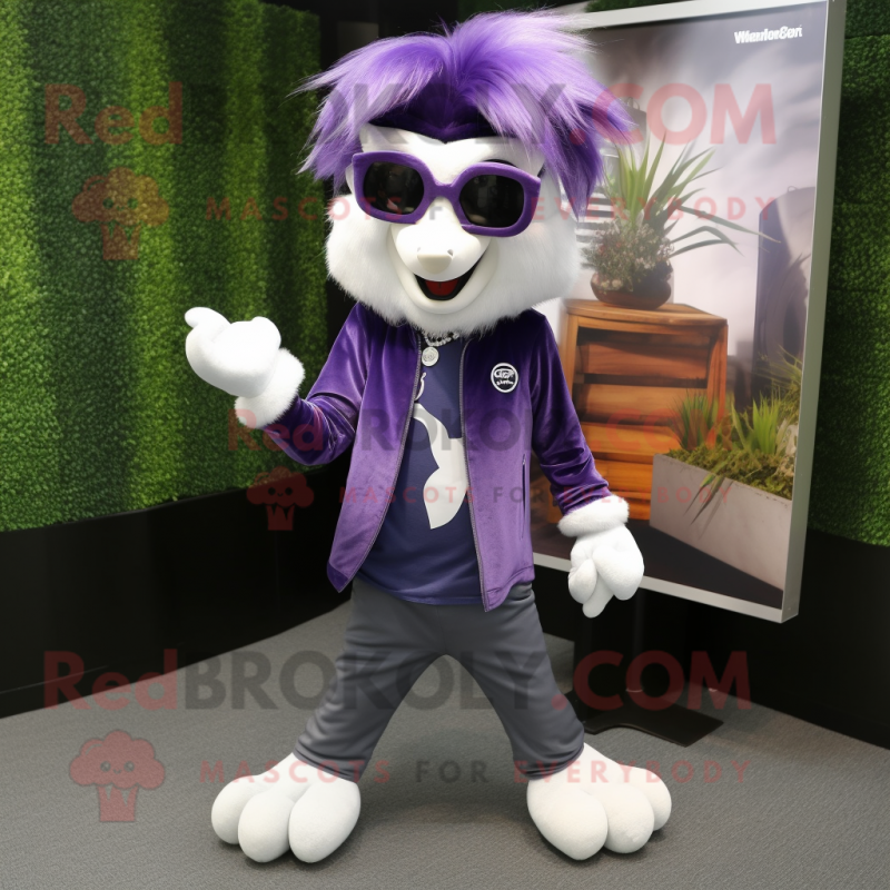 Purple Skunk mascot costume character dressed with a Jeans and Eyeglasses Purple Skunk mascot costume character dressed with a Jeans and Eyeglasses