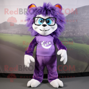 Purple Skunk mascot costume character dressed with a Jeans and Eyeglasses