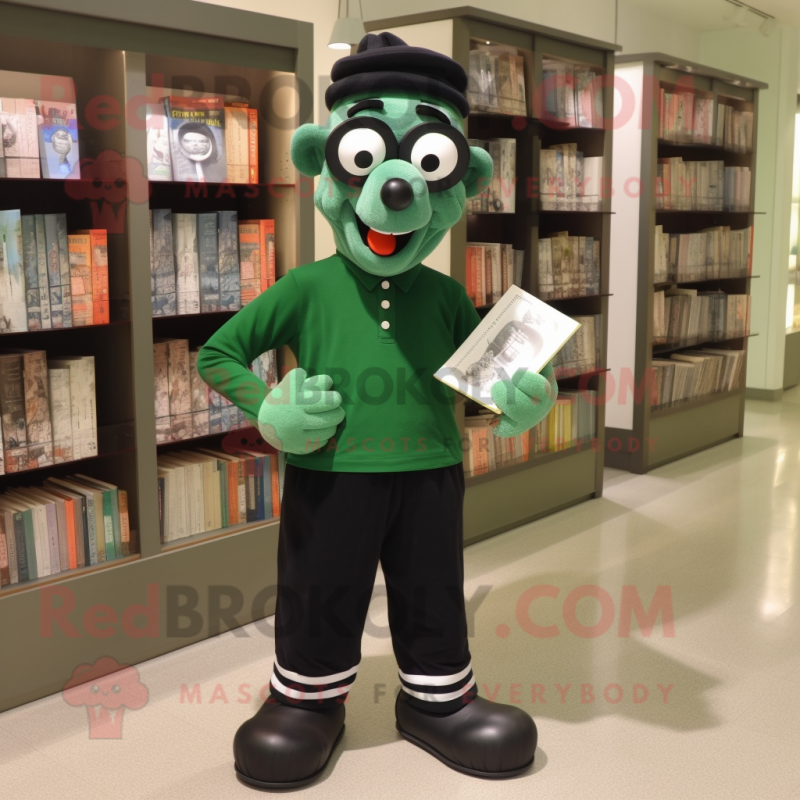 Forest Green Mime mascot costume character dressed with a Henley Shirt and Reading glasses