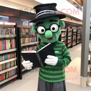 Forest Green Mime mascot costume character dressed with a Henley Shirt and Reading glasses