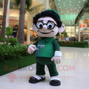 Forest Green Mime mascot costume character dressed with a Henley Shirt and Reading glasses